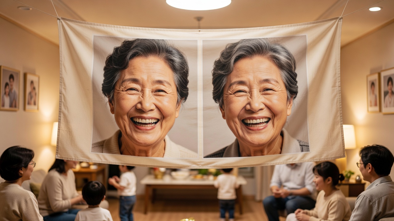 환갑 현수막에 사진을 넣은 따뜻한 가족 분위기
